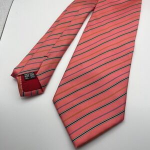 Pierre Lorrain 100% Silk Striped Men's Tie Coral Blue Yellow Black Made in Italy